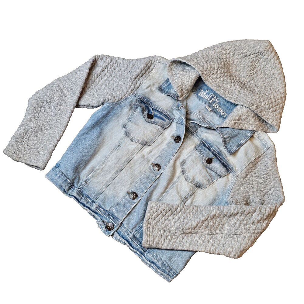 Women's Trucker Jacket Jean Jacket Denim Quilted Jersey Hooded Fitted Size L Jun